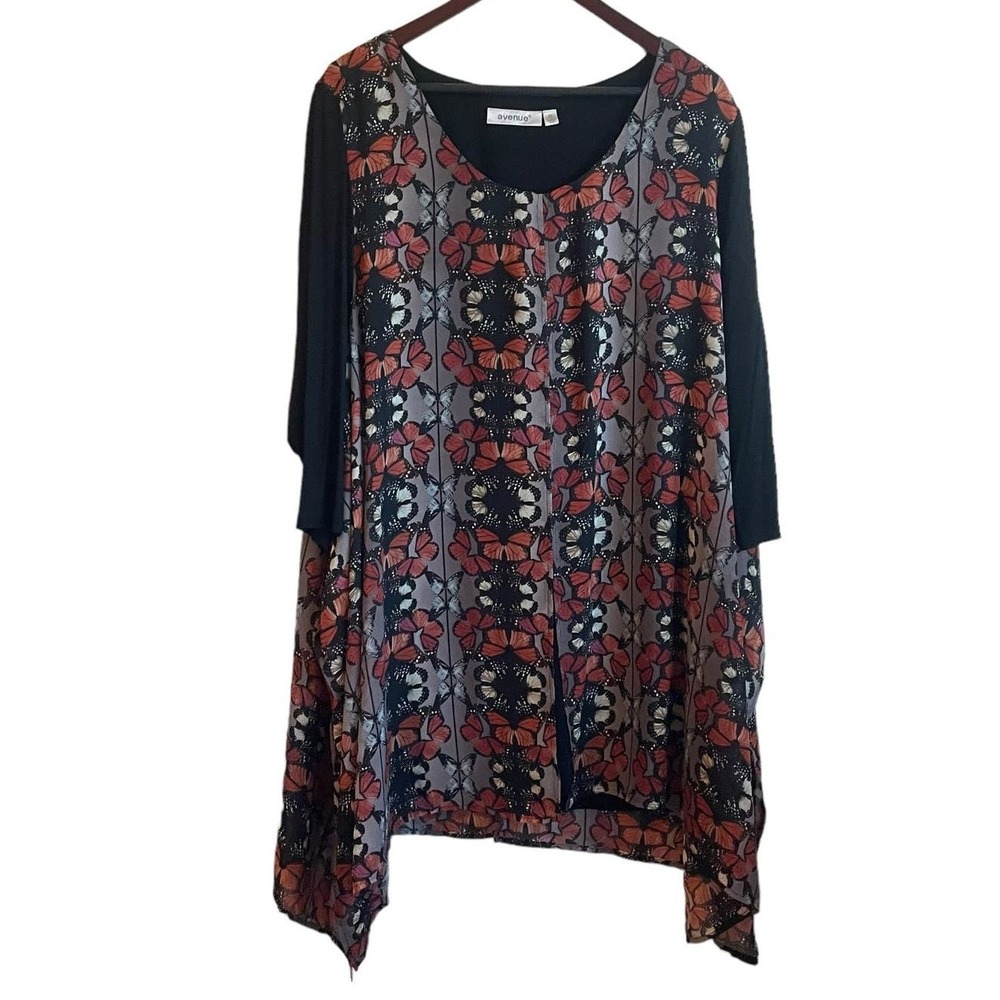 Avenue Womens Whimsical Butterfly‎ Tunic 2X Black Chiffon Overlay Knit Top